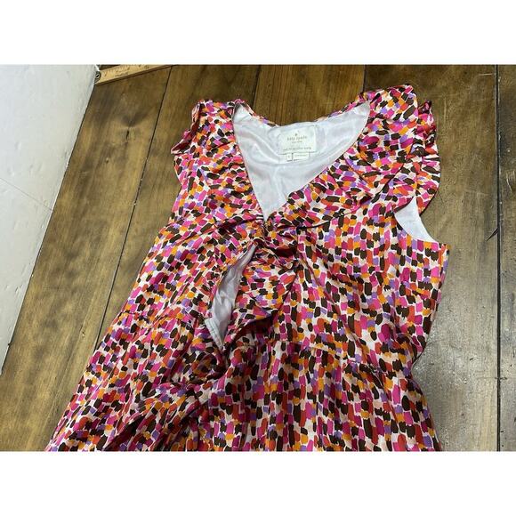 KATE SPADE Aubrey Wrap Dress 6 Pink Brown Abstract Print Silk Sleeveless Ruffles - Picture 3 of 15